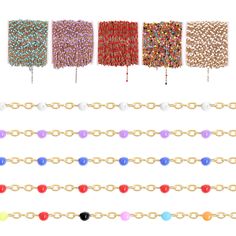 Offer your customers the perfect pop of color with the Beaded Link Chain! Whether you're looking for a popular chain for your own line of necklaces or bracelets, creating a charm bar, or adding it to your permanent jewelry business, this is a versatile chain to keep on hand. Available in 5 colored bead options; white, lavender, royal blue, confetti, red, and turquoise. The Beaded Link Chain is a popular chain for jewelry makers and permanent jewelry artists for a reason, it's the perfect complem Trendy Beaded Necklaces With Round Beads And Adjustable Chain, Adjustable Beaded Necklace With Round Beads And Chain, Adjustable Beaded Necklaces With Round Beads And Chain, Trendy Necklaces With Round Beads And Chain, Trendy Round Beaded Chain Jewelry, Trendy Jewelry With Beaded Chain, Trendy Beaded Bracelets With Round Beads, Adjustable Chain Necklace With Colorful Round Beads, White Beaded Necklaces With Round Beads And Chain