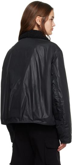 Water-repellent polyester taffeta jacket. · Sherpa fleece trim at spread collar · Lampo zip closure with button placket · Welt pockets · Concealed drawstring at cropped hem · Welt pocket at interior · Full sherpa fleece and twill lining Supplier color: Black wax mirage tech Taffeta Jacket, Jacket Sherpa, Our Legacy, Sherpa Fleece, Button Placket, Welt Pockets, Luxury Streetwear, Welt Pocket, Repellent