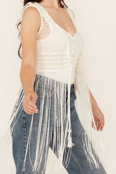 Model is 5'8" wearing a size small 100% cotton Sleeveless Fringe accents Tie closure on front Solid white design Imported Crochet Fringe Vest, Fringe Vest, Crochet Fringe, Miranda Lambert, Denim Outfit, White Design, Denim Top, Outerwear Women, Hat Hairstyles