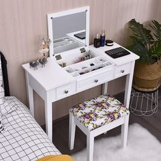 PRICES MAY VARY. 【Flip Top Mirror】: Features with a flip top mirror, this amazing vanity table provides a better view and let you make up easily. When the mirror is closed, it can be used as a writing desk or laptop desk. It is simple to switch between the vanity table and writing desk. 【3 Drawer & 7 Storage Compartments】: This vanity set has 3 drawers and a large storage box, which gives you enough space to store your makeup. 7 compartments in the storage box can classify your cosmetics, perfum Stylish Dressing Table, Girls Desk, White Writing Desk, Table Flip, Vanity Dressing Table, Makeup Dressing Table, Vanity Benches, Dressing Table Vanity, Makeup Desk