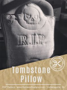 the cover of tombstone pillow is shown in black and white, with an image of a skull on it