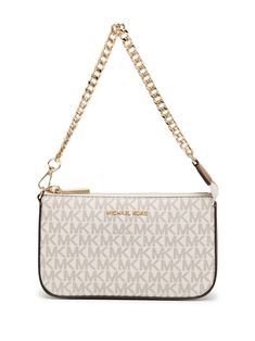 Beige leather Jet Set leather pouchette from MICHAEL MICHAEL KORS featuring monogram pattern, gold-tone logo plaque, top zip fastening and chain-link shoulder strap. Michele Kors Bags, Purses For School, Michael Kors Bag Outfit, Michael Kors Mini Bag, Sac Michael Kors, Micheal Kors Handbag, Purse Michael Kors, Leather Monogram, Bag Michael Kors