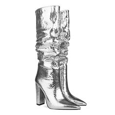 Shop Silver Metallic Snake Effect Slouchy Pointy Toe Knee High Boots color Silver for Anniversary, Party, Red Carpet with worldwide Free shipping & Free return. Glamorous Fall Knee-high Boots With Pointed Toe, Glamorous Knee-high Boots For Winter Parties, Fitted Fall Party Boots, High Heel Knee-high Boots For Winter Party, Glamorous Summer Party Boots, Winter Party Knee-high Boots With Pointed Toe, Silver Knee-high Boots For Fall Party, Silver Knee-high Boots For Party In Fall, Chic Knee-high Boots For Spring Party