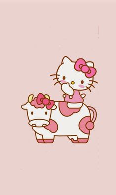 an image of hello kitty and her baby cow on a pink background with the words hello kitty