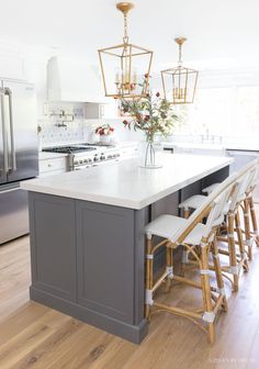 a kitchen with two stools and an island in the middle, surrounded by stainless steel appliances