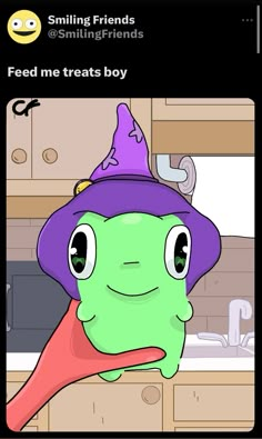 a cartoon character wearing a witches hat and holding a spoon in her hand with the caption, smiling friends @ smilingstrends feed me treats boy