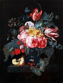 a painting of flowers in a black vase on a table with berries and other items