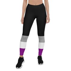 Black Asexual Flag Leggings | Ace Pride Leggings - On Trend Shirts – On Trend Shirts Purple Athleisure Leggings For Running, Sporty Purple Yoga Pants For Training, Purple Stretch Leggings For Running, Sporty Purple Training Leggings, Purple Compression Leggings For Training, Purple Stretch Sporty Tights, Purple Athleisure Leggings For Sports, Fitted Purple Yoga Pants For Running, Sporty Purple Tights