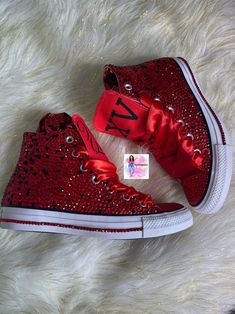 Red Quince Shoes Sneakers, Red Heels Quinceanera, Blinged Converse Shoes, Red Heels Quince, Christmas Quinceanera Ideas, Surprise Dance Outfits Quinceanera Red, Quince Shoes Red, Red Dress With Sneakers, Black And Red Quince Dress