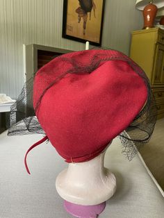 Incredible tall red hat with a veil over the eyes. Veil has a couple of small rips, but is otherwise in excellent shape Hat With Veil, Bugs And Insects, Red Hat, Oct 1, Red Hats, Rhinestone Brooches, Shiny Silver, Lincoln, Veil