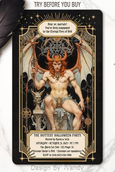 a tarot card with an image of a demon sitting on top of it and the words, try before you buy