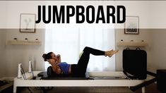 a woman is doing an exercise on a bed with the words jumpboard above her