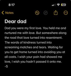 a text message on a cell phone with the words dear dad written in yellow and black