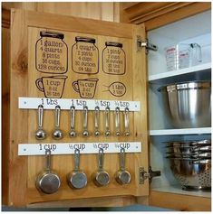 a kitchen cabinet with pots and pans on the wall, labeled with labels for cooking utensils