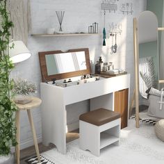 a bathroom with a vanity and stool in it