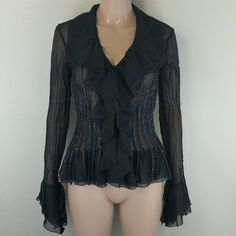 Excellent Condition, Gorgeous Beaded Details, Elegant Ruffled Draped Design, Flattering Figure Hugging Button Front Design, Pure Polyester, Perfect For Any Formal, Date Night, Any Occasion, Paired With A Skirt Or Pants Questions/Offers Through The Button Welcome! Bundle For Deals! A6 Angel Sleeve, Designer Drapes, Black Ruffle, Front Design, Ruffle Trim, Date Night, Top Blouse, Womens Tops, Angel