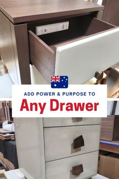 an old dresser with the words add power and purpose to any drawer