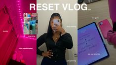 a woman taking a selfie in front of a mirror with the words rest vlog on it