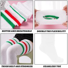 Plus Size Thigh High Socks Striped- White & Green & Red Casual Red Winter Stockings, White Thigh-high Hosiery For Winter, White Thigh-high Winter Hosiery, White Thigh High Hosiery For Winter, Thigh-high White Hosiery For Winter, White Knee-high Winter Hosiery, Casual Thick White Knee-high Socks, Casual White Hosiery For Winter, White Casual Winter Hosiery