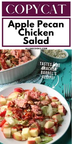 an apple pecan chicken salad on a white plate with text overlay that reads copycat