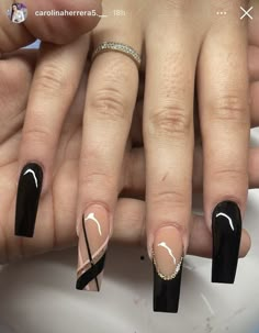 Black Nail Tip Designs, Black Acrylic Nails, Nails Design With Rhinestones, French Tip Acrylic Nails, Coffin Nails Designs, Fire Nails