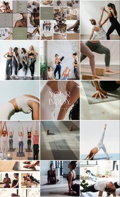 a collage of photos with people doing yoga