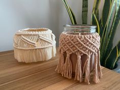 two vases sitting on top of a wooden table next to a potted plant