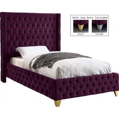 a bed with an upholstered headboard and foot board in purple velvet fabric