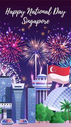 happy national day singapore with fireworks in the sky and cityscape on purple background