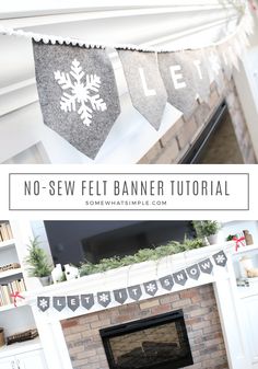 a fireplace with no sew felt banner on it