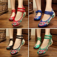 Shoes Mary Jane, Chinese Embroidered, Women Casual Flats, Gladiator Sandals Heels, Flower Flat, Embroidered Flats, Square Dance, Embroidery Shoes, Flower Shoes