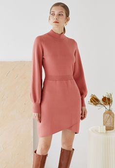 Mock Neck Cross Hem Knit Midi Dress in Coral - Retro, Indie and Unique Fashion Nothing Is Going Right, Comfy Dress, Led Dress, Fashion Buyer, Comfy Dresses, Save The Day, Knit Midi, Knit Midi Dress, Indie Design