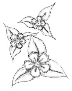 a drawing of two flowers with leaves on the top and one flower on the bottom