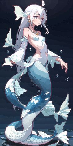 an anime mermaid with white hair and blue eyes is standing in the water, holding her arms out