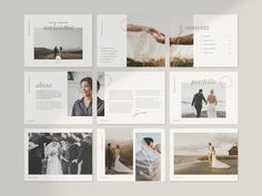 the inside pages of a wedding brochure are arranged on top of each other