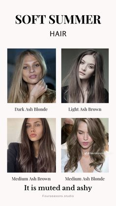 Hair Colour For True Summer, Brown For Soft Summer, Hair For Cool Summer Skin Tone, Summer Color Palette Hair Colour, Summer Color Analysis Hair, Soft Summer Hair Color Brown, Hair Colour Soft Summer, Summer Pallete Hair, Hair Colors For Summer Palette