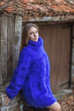 "Royal blue oversized mohair sweater with huge turtleneck for winter DETAILS - Made from High Quality Mohair - The model is 170 cm tall (regular S) - The sweater on picture is size 4XL - As mostly all models in our shop the sweater is loose fit - Colour on photo - blue Details Sweater in the pictures : 1-Sweater Length73cm,28,7inch 2-Sweater Chest64cm,25,2inch 3-Sweater Sleeves54cm,21,3inch 4- Turtleneck Length30cm,11,8inch FIT - The sweater is of loose fit designed to have comfortably roomy fit Fuzzy Sweater Outfit, Fuzzy Mohair Sweater, Angora Sweater, Detailed Sweater, Fuzzy Sweater, Mohair Sweater, Pullover Sweater Women, Girls Sweaters, Women Pullover