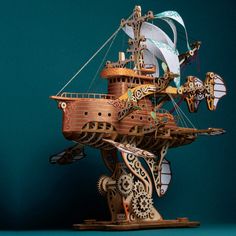 an intricate wooden model of a ship