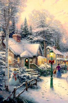 a painting of people walking in the snow near a lit up christmas tree and house