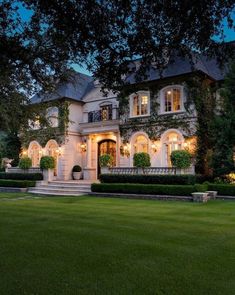 a large white house sitting on top of a lush green field next to a tree