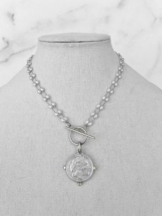 Silver Pearl Coin Necklace Vintage Silver Necklace With Pearl Chain, Pearl Chain Coin Necklace, Vintage Silver Coin Necklace With Charm, Silver Vintage Coin Necklace With Charm, Silver Coin-shaped Necklace With Chain, Coin Necklace Silver, Silver Coin Jewelry, Chain Necklace Silver, Silver Coin Necklace