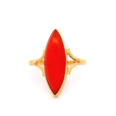 -Stone(s)- (1) Natural Genuine Coral - Marquise Cut - Bezel Set - Deep Orange Red Color  - 19.28 x 6.28mm (approx.) Material: 18k Yellow Gold Weight: 2.41 Grams Ring Size: 6.5 ( fitted on finger, please contact us prior to purchase with sizing inquiries) Ring Width: 20.35mm (0.80") (top of the ring - north to south) - 1.94mm (bottom of the shank) Ring Height: 5.1mm (rise off finger) Condition: Vintage, light wear. Original finish & patina preserved. Stock Number: JO-17013369-0528247 Red Marquise 14k Gold Jewelry, Red Cabochon 14k Gold Jewelry, Red Marquise Jewelry For Formal Occasions, Classic Marquise Red Jewelry, Classic Red Marquise Jewelry, Deep Orange, Marquise Cut, Cocktail Ring, Cocktail Rings