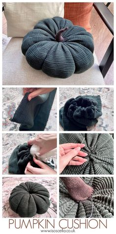 the instructions to make a knitted pumpkin cushion are shown in three different pictures, one is