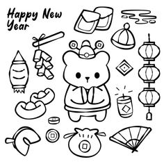 the chinese new year's symbols are drawn in black and white