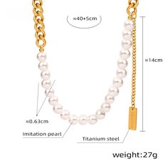 Style: Female Material: Titanium Steel, Imitation Pearl Pearl Type: Uncultured Pearl Color: White Pearl Shape: Round Necklace Length: 40+5cm White Alloy Chain Necklace For Party, White Alloy Chain Necklace, Metal Chain Pearl Necklace For Gift, Alloy Pearl Chain Necklace For Gift, Metal Pearl Necklace With Chain For Gifts, Gift Pearl Necklace With Metal Chain, Pearl Necklace With Metal Chain For Gifts, Elegant Alloy Gold Chain Necklace, Trendy Metal Pearl Necklace With Clavicle Chain