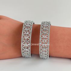 Silver Finish American Diamond/CZ Bangles/Bracelet/Indian Party Bangles/CZ stone bangle/Indian wedding/bridal jewelry 2Pcs Hand Set Crystal Bangle For Party, Silver Stone Work Bangle, Silver American Diamond Bangle With Stone Work, Festive Cubic Zirconia Bracelets With Stone Work, Festive Cubic Zirconia Bangle With Stone Work, Festive Silver Bracelet With Cubic Zirconia, Silver Bangle With Stone Work For Formal Occasions, Silver Bracelets With Stone Work For Party, Silver Wedding Bangle With Stone Setting