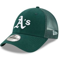 a's new era trucker hat in green with white lettering on the front