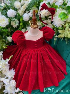 Luxury Elegant Fluffy Toddler Red Velvet Dress with Lovely Bows Baby Toddler Special Occasion Dress | Gift for Baby | Vacation Outfit ONLY A FEW IN STOCK - EXPRESS SHIPMENT AVAILABLE 🎁Free Gift: Each order includes a matching accessory in the same color. Wrap your little one in the magic of the season with our enchanting red velvet dress, designed to make every moment sparkle. Crafted with care, it features a classic round neck, puff sleeves, and three buttons at the top for a charming touch. T Red Fitted Princess Dress For Baptism, Fitted Red Princess Dress For Baptism, Baby Winter Dress, Velvet Christmas Dress, Kids Christmas Dress, Kid Dress, Baby Party Dress, Red Christmas Dress, Knit Baby Dress