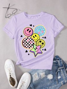 Teen Girls' Summer Casual Simple Cartoon Smiling Face & Five-Pointed Star Pattern Funny T-Shirt, Light Purple Purple Casual  Short Sleeve Knitted Fabric Cartoon,Figure,Geometric,Letter  Slight Stretch  Teen Girls Clothing, size features are:Bust: ,Length: ,Sleeve Length: Casual Pink T-shirt With Smiley Face, Purple Cartoon Print Fun T-shirt, Affordable Purple Kawaii T-shirt, Cheap Short Sleeve T-shirt With Smiley Face, Fun Smiley Face Short Sleeve T-shirt, Five Pointed Star, Teen Top, Simple Cartoon, Teen Girl Outfits