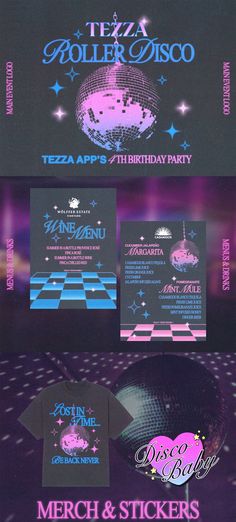 an advertisement for a disco party with purple and blue colors